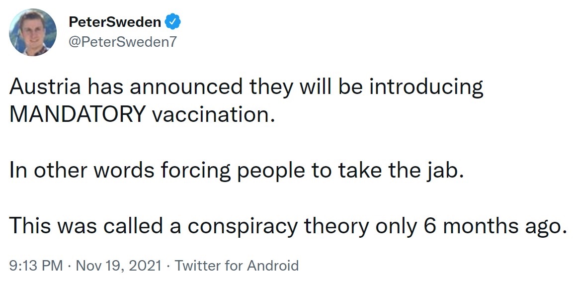 Peter Sweden tweet re Austrian manadtory vaccines 19-11-2021